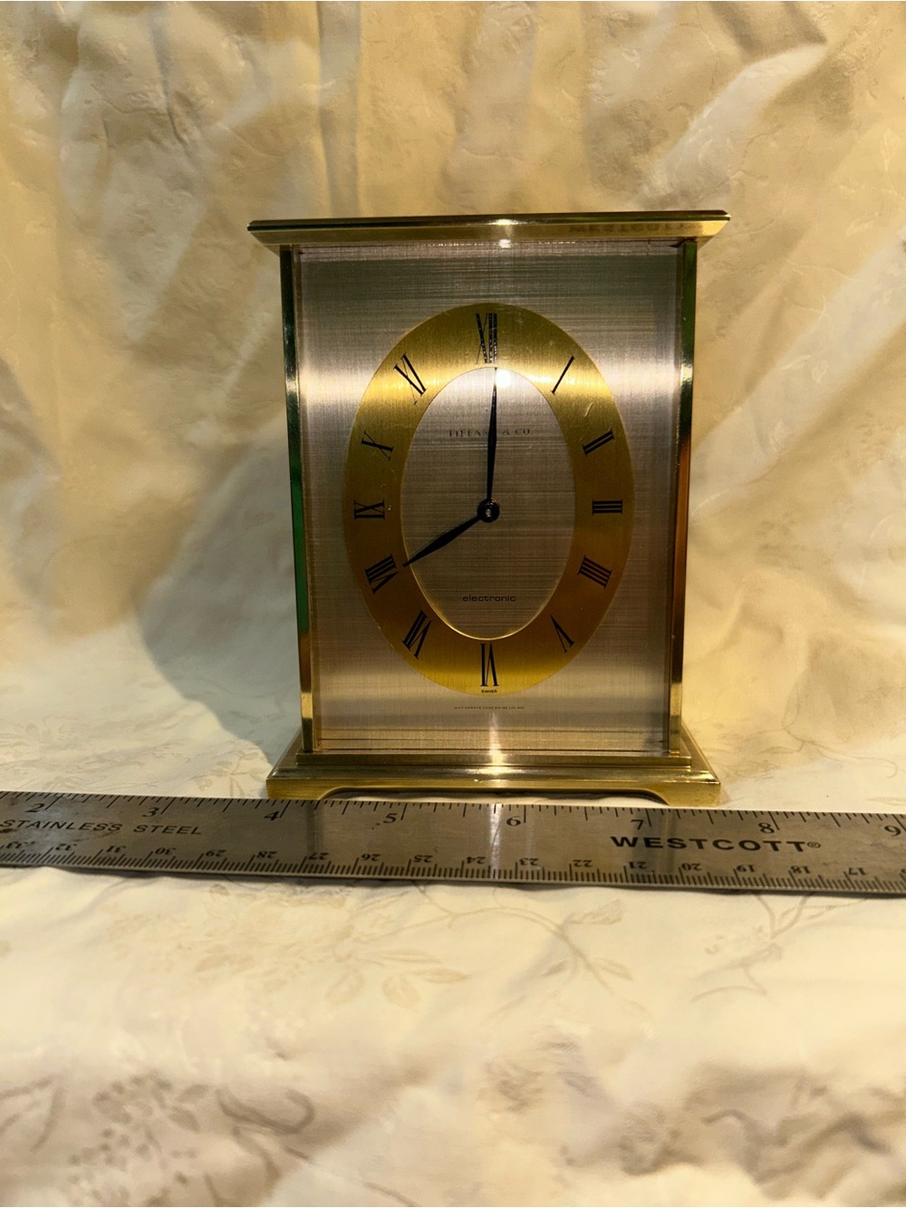 Vintage Tiffany & Co. Brass Mantel Desk Clock Roman Numeral Quartz Electronic